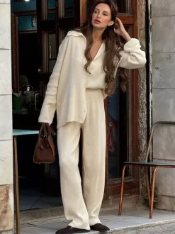 Oversized Knit Loungewear 2 Piece Set For Women - Casual Cardigan And Wide Leg Pants - Spring Cozy Streetwear 2026