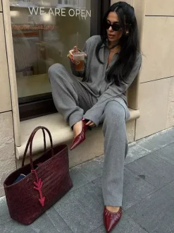 Oversized Knit Loungewear 2 Piece Set For Women - Casual Cardigan And Wide Leg Pants - Spring Cozy Streetwear 2026
