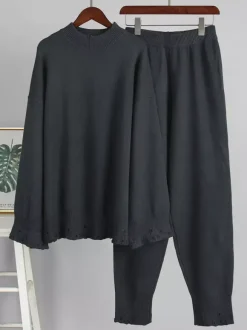 Oversized Knit 2 Piece Set For Women - Casual Distressed Sweater And Trousers - Spring Cozy Lounge Suit 2026