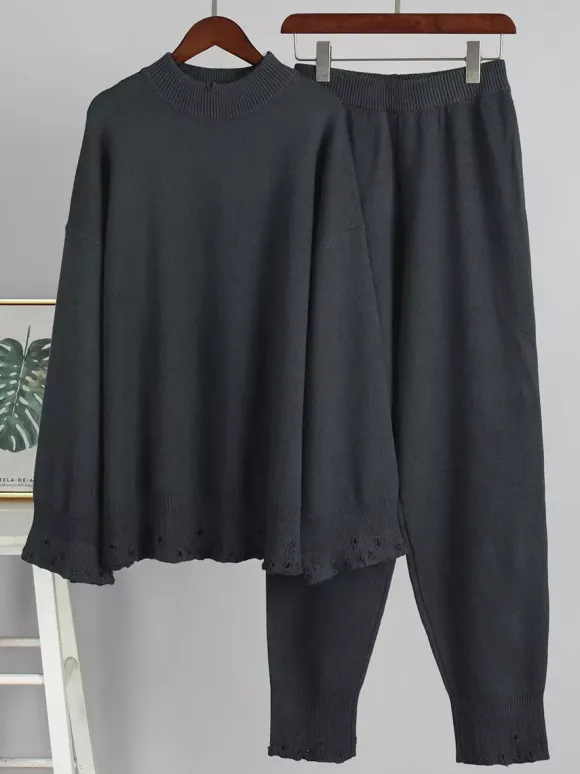 Oversized Knit 2 Piece Set For Women - Casual Distressed Sweater And Trousers - Spring Cozy Lounge Suit 2026