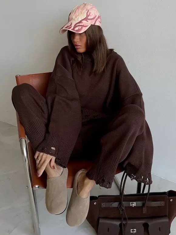 Oversized Knit 2 Piece Set For Women - Casual Distressed Sweater And Trousers - Spring Cozy Lounge Suit 2026
