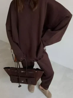 Oversized Knit 2 Piece Set For Women - Casual Distressed Sweater And Trousers - Spring Cozy Lounge Suit 2026