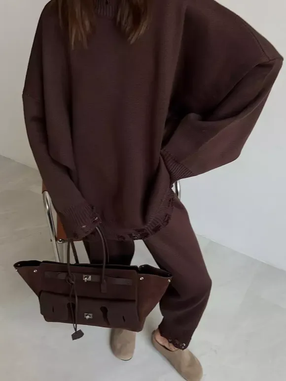 Oversized Knit 2 Piece Set For Women - Casual Distressed Sweater And Trousers - Spring Cozy Lounge Suit 2026