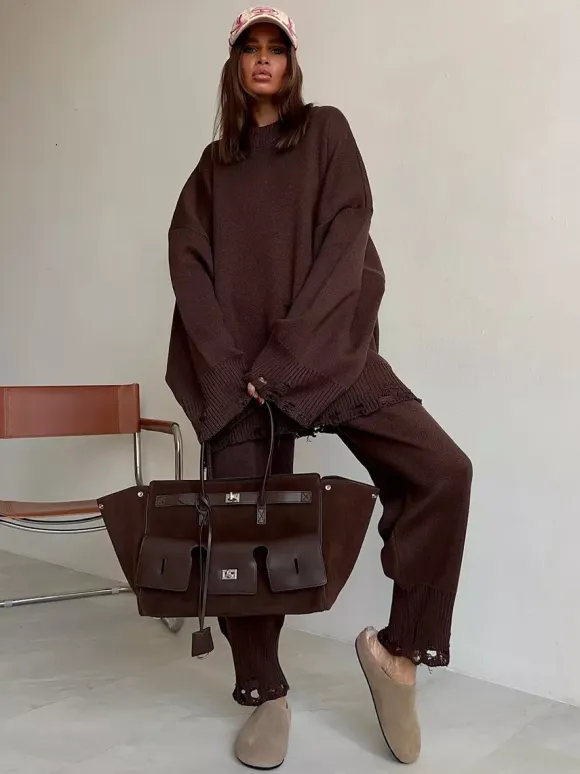 Oversized Knit 2 Piece Set For Women - Casual Distressed Sweater And Trousers - Spring Cozy Lounge Suit 2026