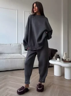 Oversized Knit 2 Piece Set For Women - Casual Distressed Sweater And Trousers - Spring Cozy Lounge Suit 2026