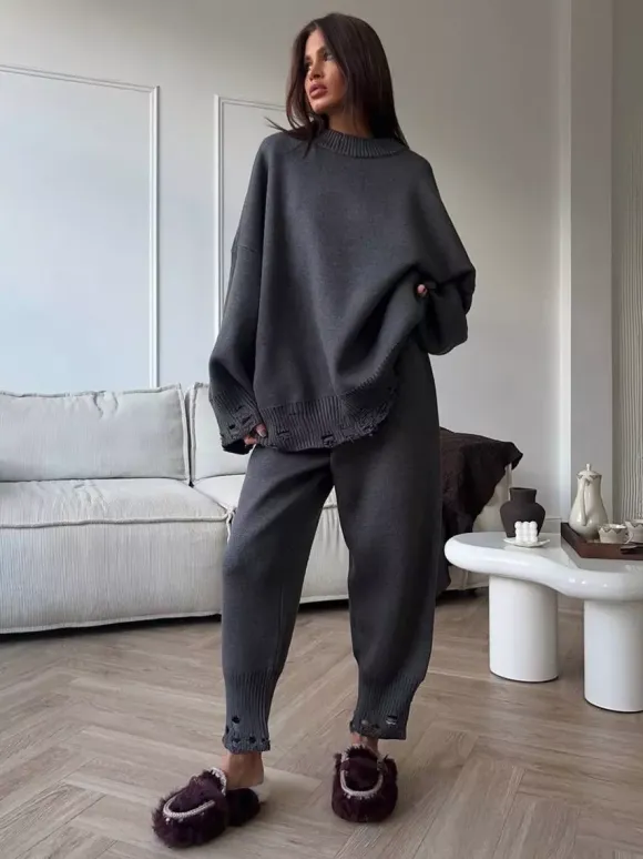 Oversized Knit 2 Piece Set For Women - Casual Distressed Sweater And Trousers - Spring Cozy Lounge Suit 2026