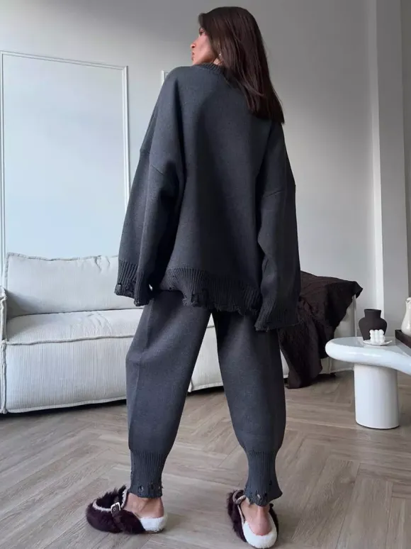Oversized Knit 2 Piece Set For Women - Casual Distressed Sweater And Trousers - Spring Cozy Lounge Suit 2026