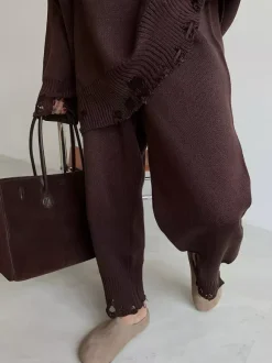 Oversized Knit 2 Piece Set For Women - Casual Distressed Sweater And Trousers - Spring Cozy Lounge Suit 2026