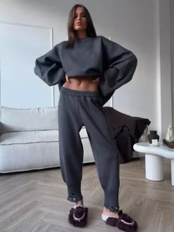 Oversized Knit 2 Piece Set For Women - Casual Distressed Sweater And Trousers - Spring Cozy Lounge Suit 2026