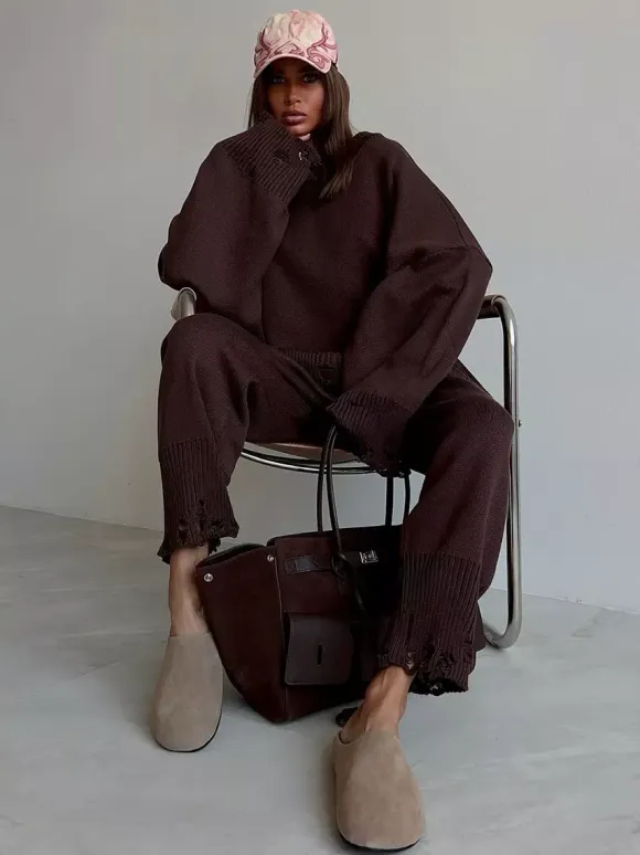 Oversized Knit 2 Piece Set For Women - Casual Distressed Sweater And Trousers - Spring Cozy Lounge Suit 2026