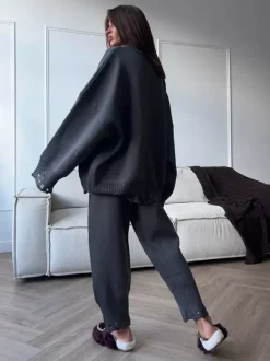 Oversized Knit 2 Piece Set For Women - Casual Distressed Sweater And Trousers - Spring Cozy Lounge Suit 2026