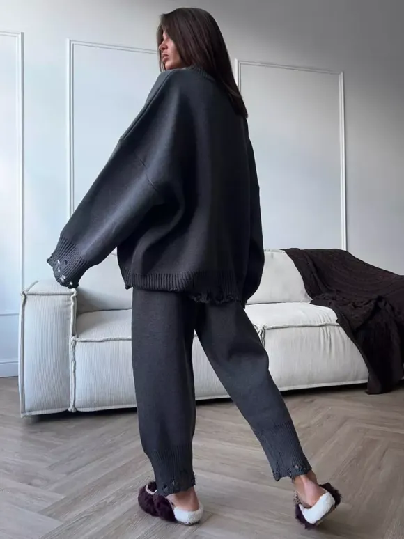 Oversized Knit 2 Piece Set For Women - Casual Distressed Sweater And Trousers - Spring Cozy Lounge Suit 2026