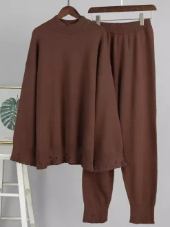 Oversized Knit 2 Piece Set For Women - Casual Distressed Sweater And Trousers - Spring Cozy Lounge Suit 2026