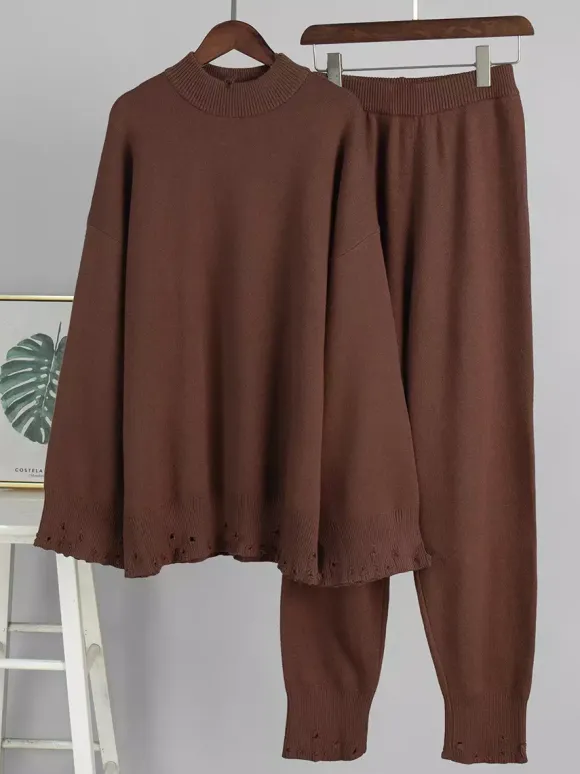 Oversized Knit 2 Piece Set For Women - Casual Distressed Sweater And Trousers - Spring Cozy Lounge Suit 2026