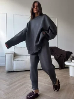 Oversized Knit 2 Piece Set For Women - Casual Distressed Sweater And Trousers - Spring Cozy Lounge Suit 2026