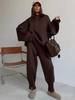 Oversized Knit 2 Piece Set For Women - Casual Distressed Sweater And Trousers - Spring Cozy Lounge Suit 2026