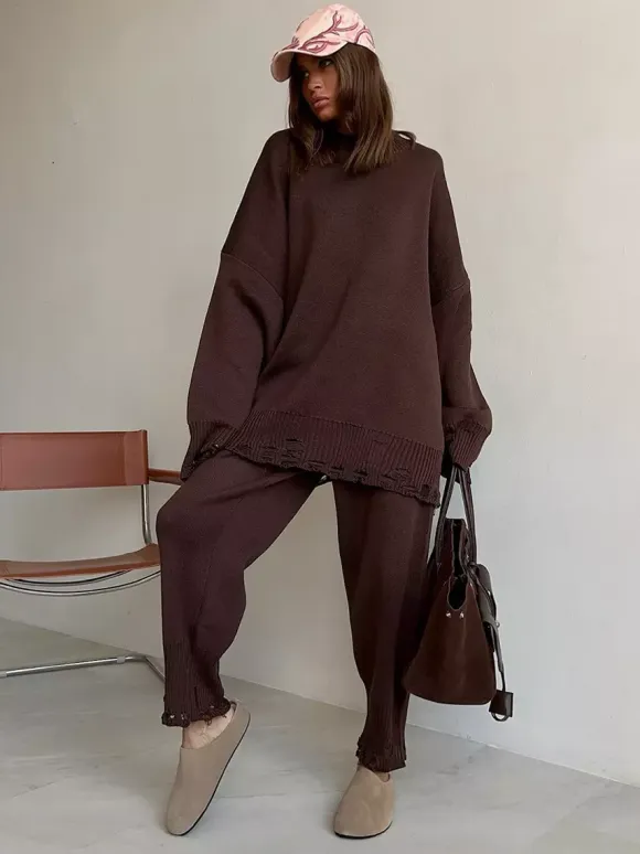 Oversized Knit 2 Piece Set For Women - Casual Distressed Sweater And Trousers - Spring Cozy Lounge Suit 2026