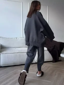 Oversized Knit 2 Piece Set For Women - Casual Distressed Sweater And Trousers - Spring Cozy Lounge Suit 2026