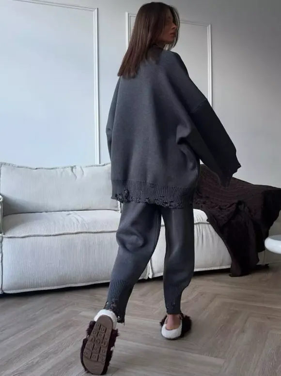 Oversized Knit 2 Piece Set For Women - Casual Distressed Sweater And Trousers - Spring Cozy Lounge Suit 2026