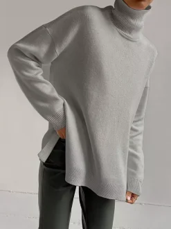 Oversized Turtleneck Pullover Sweater With Side Slits For Women 2026