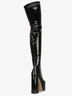 Over The Knee Boots Black Round Toe Chunky Heel High Heel Platform Bright Leather Winter Boots For Women