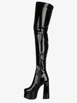 Over The Knee Boots Black Round Toe Chunky Heel High Heel Platform Bright Leather Winter Boots For Women