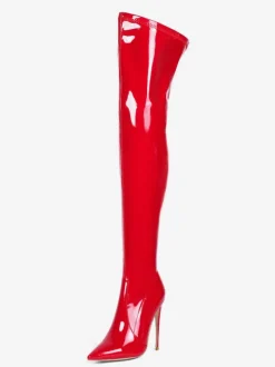 Over The Knee Boots Leather Black Pointed Toe Stiletto Heel Bright Leather Thigh High Boots