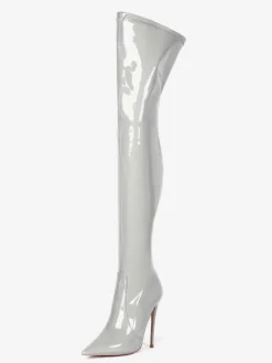 Over The Knee Boots Leather Black Pointed Toe Stiletto Heel Bright Leather Thigh High Boots
