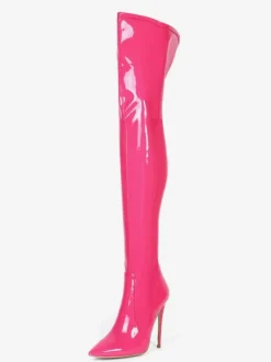 Over The Knee Boots Leather Black Pointed Toe Stiletto Heel Bright Leather Thigh High Boots