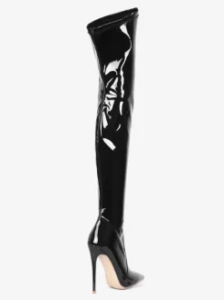 Over The Knee Boots Leather Black Pointed Toe Stiletto Heel Bright Leather Thigh High Boots