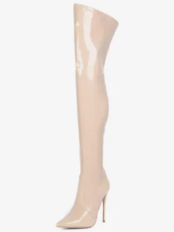Over The Knee Boots Leather Black Pointed Toe Stiletto Heel Bright Leather Thigh High Boots