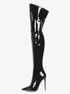 Over The Knee Boots Leather Black Pointed Toe Stiletto Heel Bright Leather Thigh High Boots