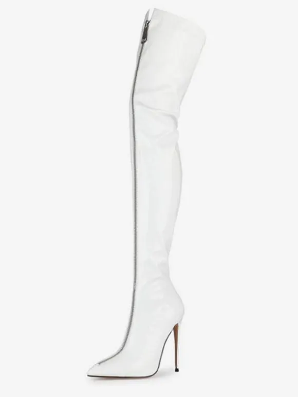 Over The Knee Boots Red Pointed Toe Zip Up Bright Leather High Heel Thigh High Boots