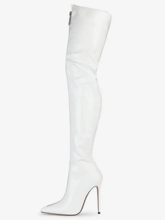 Over The Knee Boots Red Pointed Toe Zip Up Bright Leather High Heel Thigh High Boots