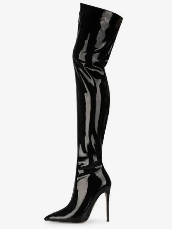 Over The Knee Boots Red Pointed Toe Zip Up Bright Leather High Heel Thigh High Boots