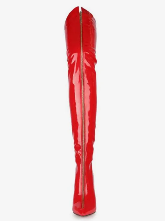 Over The Knee Boots Red Pointed Toe Zip Up Bright Leather High Heel Thigh High Boots