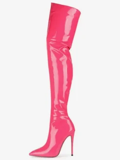 Over The Knee Boots Red Pointed Toe Zip Up Bright Leather High Heel Thigh High Boots