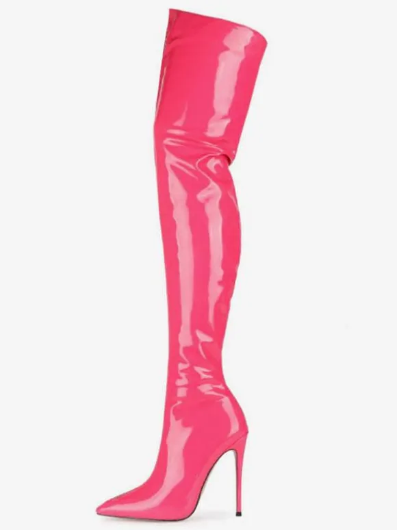 Over The Knee Boots Red Pointed Toe Zip Up Bright Leather High Heel Thigh High Boots