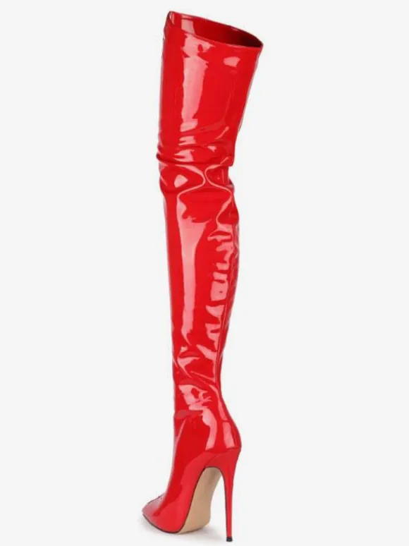 Over The Knee Boots Red Pointed Toe Zip Up Bright Leather High Heel Thigh High Boots