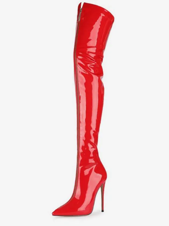 Over The Knee Boots Red Pointed Toe Zip Up Bright Leather High Heel Thigh High Boots