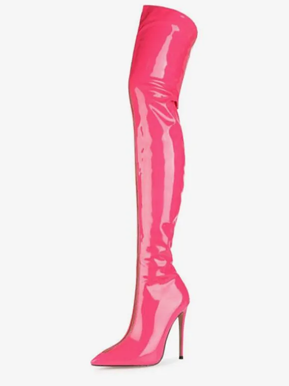 Over The Knee Boots Red Pointed Toe Zip Up Bright Leather High Heel Thigh High Boots