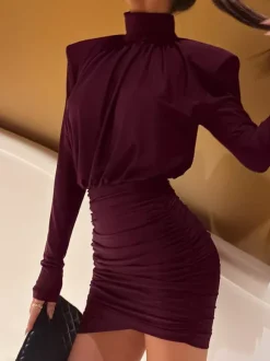 Padded Shoulder Women's Ruched Bodycon Dress - Classy Mock Neck Satin Mini Dress - Quiet Luxury Spring Cocktails Outfit 2026