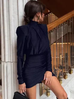 Padded Shoulder Women's Ruched Bodycon Dress - Classy Mock Neck Satin Mini Dress - Quiet Luxury Spring Cocktails Outfit 2026