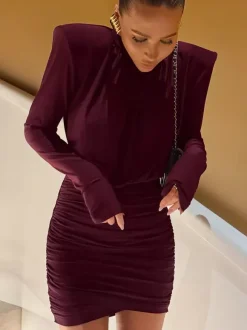 Padded Shoulder Women's Ruched Bodycon Dress - Classy Mock Neck Satin Mini Dress - Quiet Luxury Spring Cocktails Outfit 2026