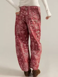 Paisley Print Barrel Jeans For Women - Pink Boho Horseshoe Cut Wide Leg Denim Pants - Spring Music Festival 2026