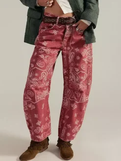 Paisley Print Barrel Jeans For Women - Pink Boho Horseshoe Cut Wide Leg Denim Pants - Spring Music Festival 2026