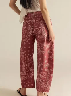 Paisley Print Barrel Jeans For Women - Pink Boho Horseshoe Cut Wide Leg Denim Pants - Spring Music Festival 2026