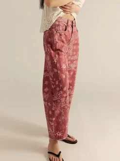 Paisley Print Barrel Jeans For Women - Pink Boho Horseshoe Cut Wide Leg Denim Pants - Spring Music Festival 2026