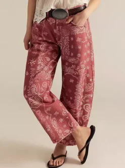 Paisley Print Barrel Jeans For Women - Pink Boho Horseshoe Cut Wide Leg Denim Pants - Spring Music Festival 2026