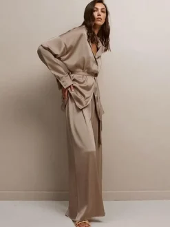 Pajama Sets Coffee Brown Sash Indoor Oversized Silk-like Lingerie